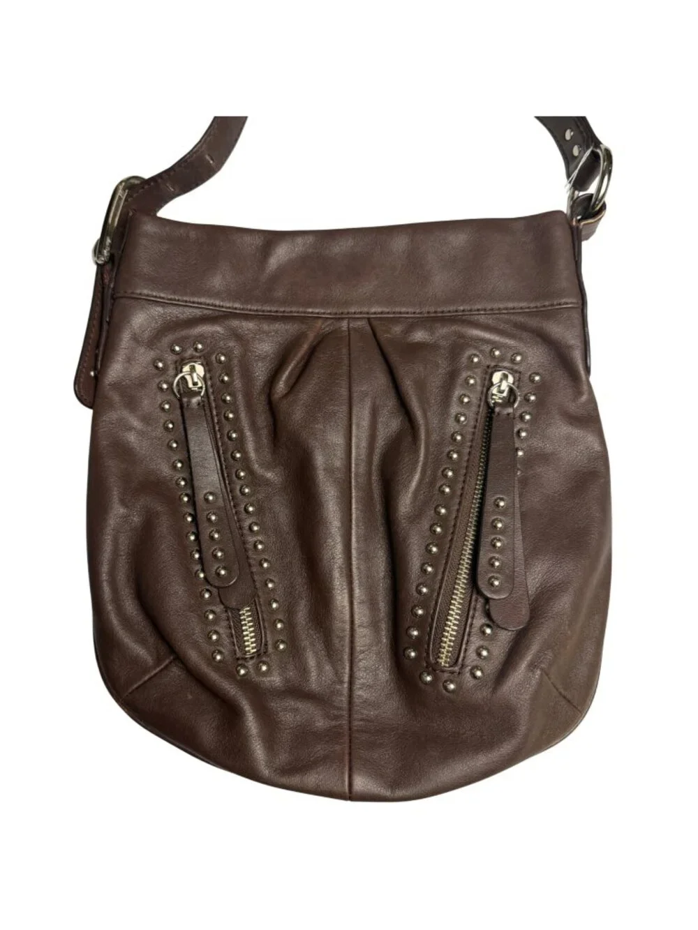 B. Makowsky Brown Leather Studded Crossbody Bag Zipper Accents Biker Boho